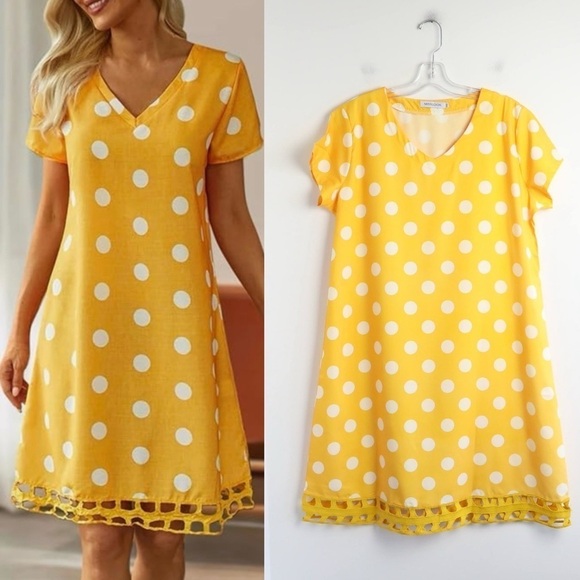 MISSLOOK Dresses & Skirts - Misslook Polka Dot Yellow dress Short Sleeve V-Neck lace trim midi summer bright